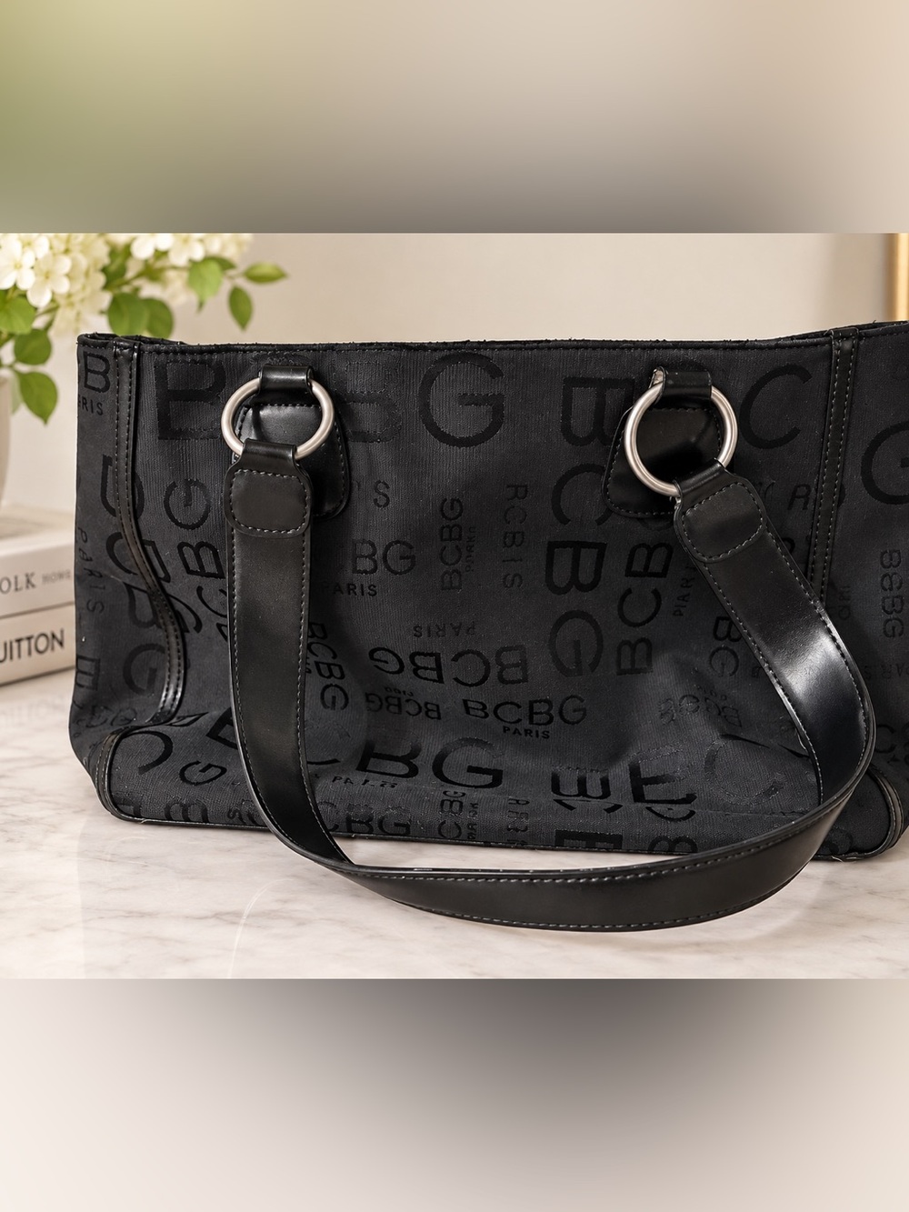 BCBG Paris Black Jacquard Logo Tote with Silver Hardware